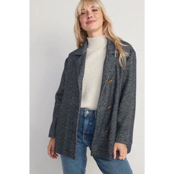 Old Navy Soft Brushed Herringbone Wool Blend Jacket Size Large Navy Gray *FLAW* - Picture 13 of 13